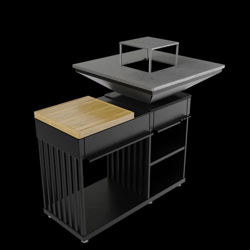 Kamin QUADRUM mit Grill mit Holzplatte