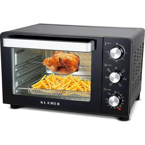 KLAMER Minibackofen mit Umluft (30 Liter), 6 Backfunktionen, 70-230°C, 120 min. Timer, Mini-Ofen inkl. Drehspieß, Grillgitter, Grillrost und Krümelblech, 1.500 W, Pizza Ø30cm, Schwarz