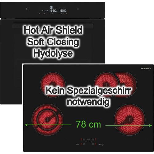 Backofen Set Einbau Schwarz SoftClose Hydrolyse + Kochfeld Bräterzone Daewoo