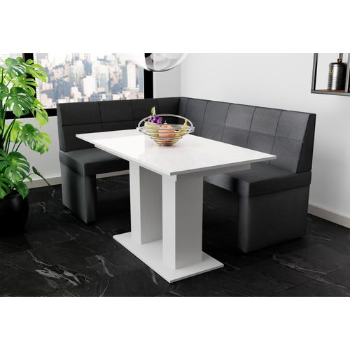 Eckbankgruppe 168x128 cm BLAKE R Stoff Soro Anthrazit / Esstisch DANTE Weiß HGL