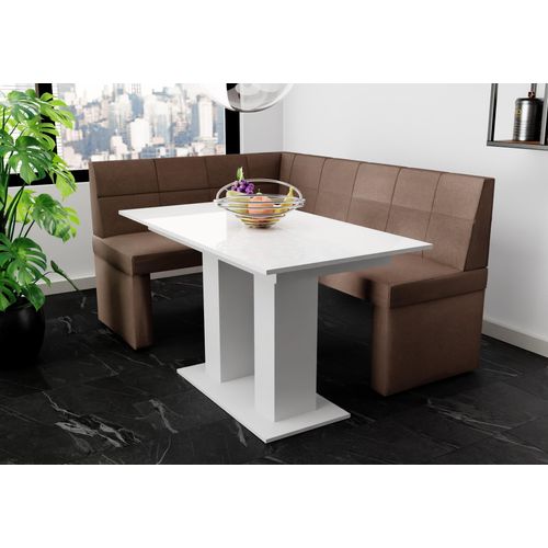 Eckbankgruppe 168x128 cm BLAKE R Stoff Soro Braun / Esstisch DANTE Weiß HGL