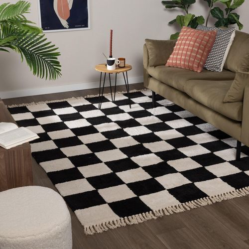 Teppich Kariert - Blox Fringe Schwarz Weiß - 200x290 cm - Retro - Wohnzimmer, Schlafzimmer, Büro, Jugendzimmer - FRAAI | Home & Living