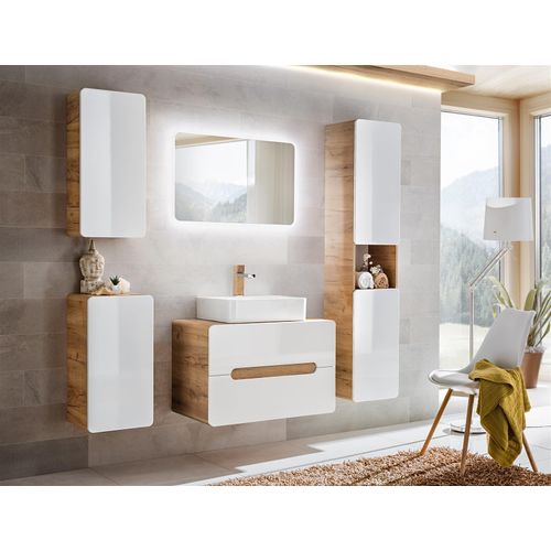Badmöbel Set 6-tlg Badezimmerset FERMO Weiss HGL inkl. Waschtisch