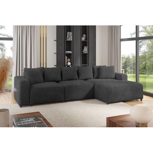 Ecksofa Designersofa Sofa MEGAN in Stoff Poso Dunkelgrau Ottomane Rechts