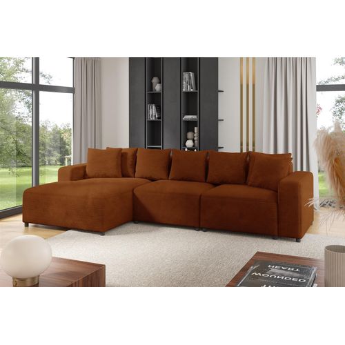 Ecksofa Designersofa Sofa MEGAN in Stoff Poso Rostbraun Ottomane Links