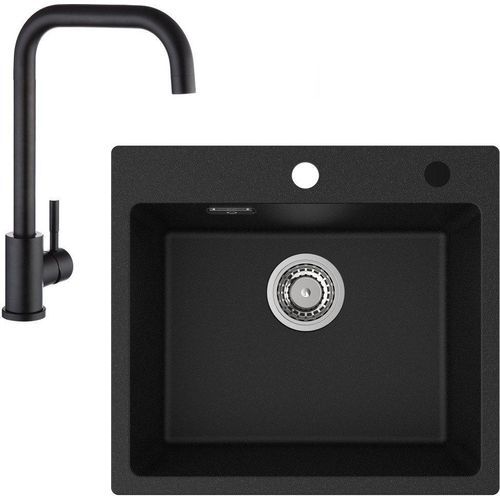 Spülbecken mit 1 Becken 50×45CM Granitspüle Anthrazitschwarz mit Schwarz Küchenarmatur 360° drehbar Höhe 345 mm