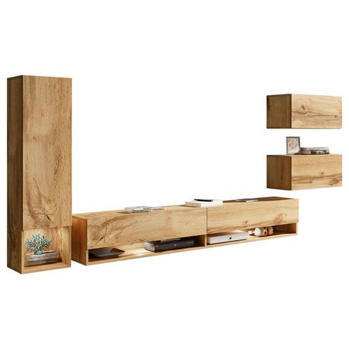 P & B Wohnwand Alba , Eiche Wotan , Holzwerkstoff , 4-teilig , 1,1,5 Fächer , kaltweiß , 270x130x32.5 cm , Fsc, Made in EU , hängend, Beleuchtung ,