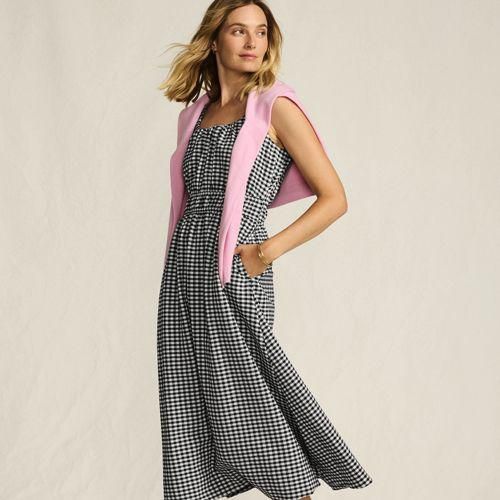 Gingham-Midikleid, Damen, Schwarz, Baumwolle/Polyester/Polyester-Mischung, by Lands' End