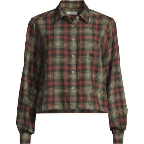 Verkürzte Flanellbluse, Damen,  Grün, Baumwolle, by Lands' End