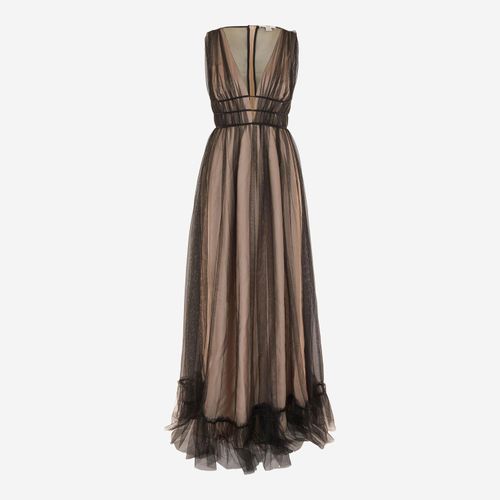 Beiges Ruth Gown Maxikleid mit schwarzem Tüll