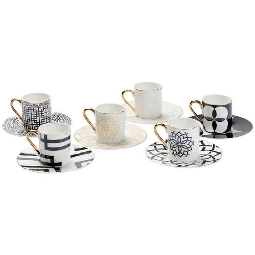 Novel Tassenset , Schwarz, Weiß, Gold , Keramik , 12-teilig , 90 ml , Lfgb , Kaffee & Tee, Tassen, Kaffeetassen-Sets
