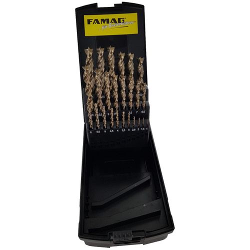 Famag Spiralbohrer Set für Holz, 25-teilig, HSS, Holzbohrer 1-13 mm, mit Box