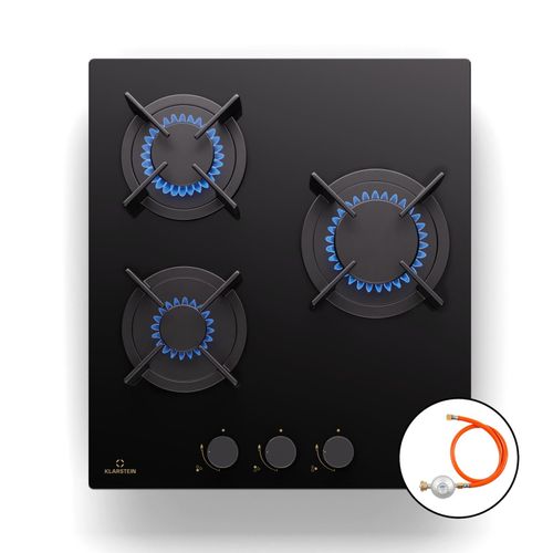 Goldflame Gaskochfeld 3-flammig Messing-Brenner Glaskeramik schwarz