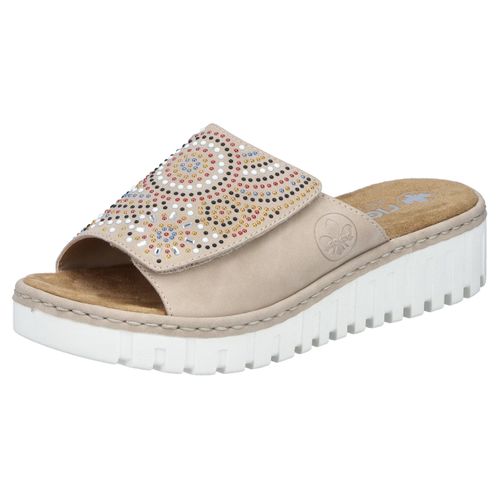 Pantolette RIEKER, Damen, Gr. 42, beige (hellbeige), Lederimitat, kontrastfarbene Details, Schuhe, Sommerschuh, Strandschuh, Hausschuh mit regulierbarem Klettverschluss