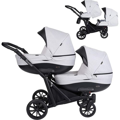 Kinderwagen BOOSTER 2 in 1 Komplettset Zwillingskinderwagen Geschwisterwagen Zwillingsbuggy Doppelkinderwagen (Grau)