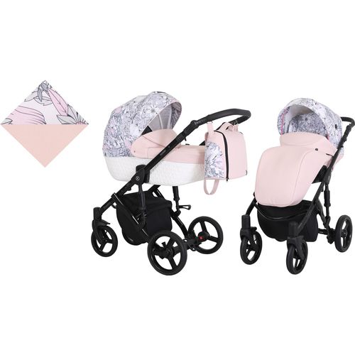 Kinderwagen TIARO Sportwagen Babywagen Babyschale Komplettset Kinder Wagen Set 2 in 1 (Rosa mit Blumen, Rahmenfarbe: Schwarz)