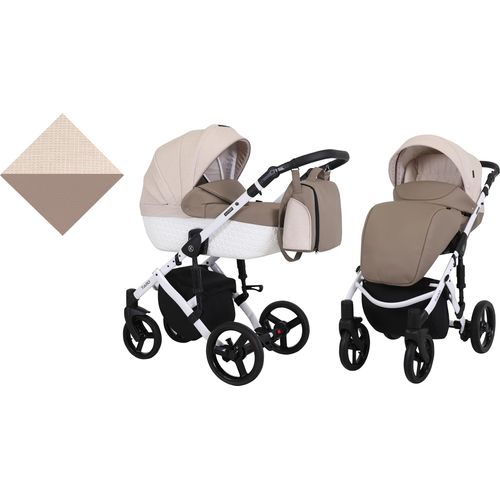 Kinderwagen TIARO Sportwagen Babywagen Babyschale Komplettset Kinder Wagen Set 2 in 1 (Braun mit Creme, Rahmenfarbe: Weiß)