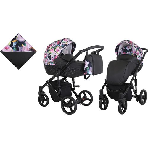Kinderwagen TIARO Sportwagen Babywagen Babyschale Komplettset Kinder Wagen Set 2 in 1 (Schwarz mit Blumen, Rahmenfarbe: Schwarz)