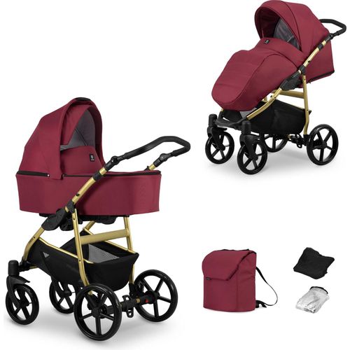 Kinderwagen MATA Sportwagen Babywagen Babyschale Komplettset Kinder Wagen Set 2 in 1 (maroon, Rahmenfarbe: Gold)