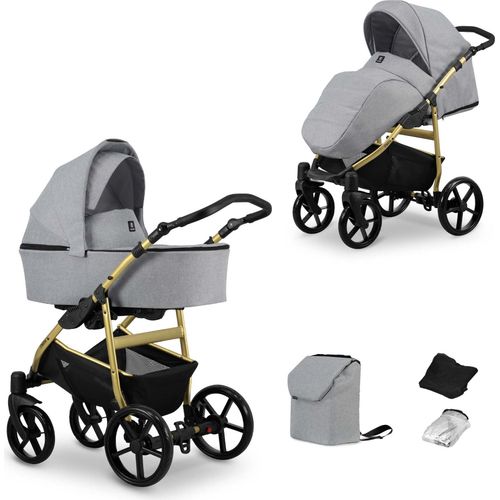 Kinderwagen MATA Sportwagen Babywagen Babyschale Komplettset Kinder Wagen Set 2 in 1 (grau, Rahmenfarbe: Gold)