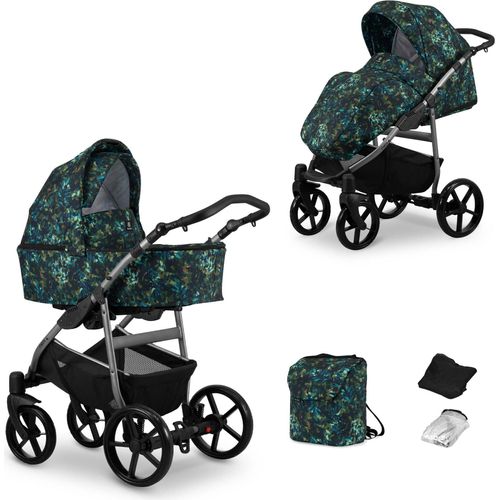Kinderwagen MATA Sportwagen Babywagen Babyschale Komplettset Kinder Wagen Set 2 in 1 (blätter, Rahmenfarbe: Graphite)