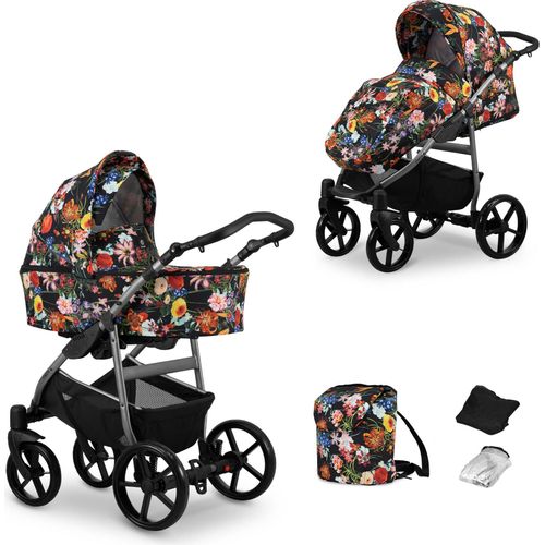 Kinderwagen MATA Sportwagen Babywagen Babyschale Komplettset Kinder Wagen Set 2 in 1 (blumen, Rahmenfarbe: Graphite)