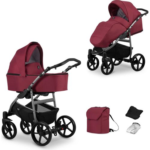 Kinderwagen MATA Sportwagen Babywagen Babyschale Komplettset Kinder Wagen Set 2 in 1 (maroon, Rahmenfarbe: Graphite)