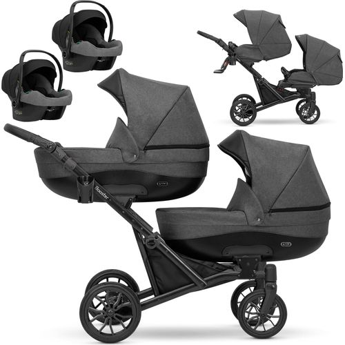Kinderwagen BOOSTER 3 in 1 Komplettset Zwillingskinderwagen Geschwisterwagen Zwillingsbuggy Doppelkinderwagen (Graphit)