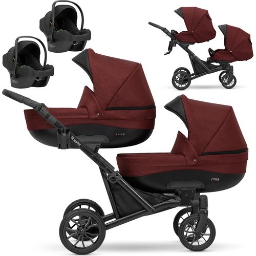 Kinderwagen BOOSTER 3 in 1 Komplettset Zwillingskinderwagen Geschwisterwagen Zwillingsbuggy Doppelkinderwagen (Rotbraun)