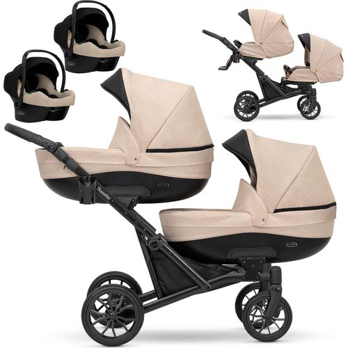 Kinderwagen BOOSTER 3 in 1 Komplettset Zwillingskinderwagen Geschwisterwagen Zwillingsbuggy Doppelkinderwagen (Creme)