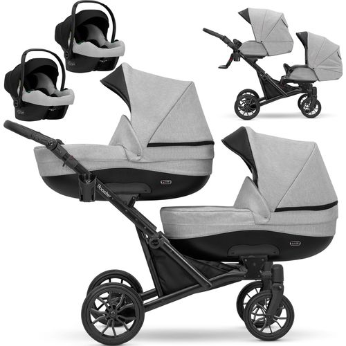 Kinderwagen BOOSTER 3 in 1 Komplettset Zwillingskinderwagen Geschwisterwagen Zwillingsbuggy Doppelkinderwagen (Grau)