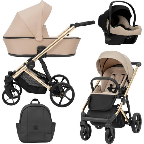 Kinderwagen ARIZO Sportwagen Babywagen Babyschale Komplettset Kinder Wagen Autositz Set 3 in 1 (Cream, Rahmenfarbe: Gold)