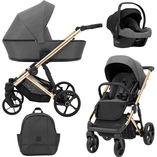 Kinderwagen ARIZO Sportwagen Babywagen Babyschale Komplettset Kinder Wagen Autositz Set 3 in 1 (Graphite, Rahmenfarbe: Gold)