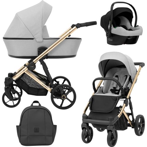 Kinderwagen ARIZO Sportwagen Babywagen Babyschale Komplettset Kinder Wagen Autositz Set 3 in 1 (Grey, Rahmenfarbe: Gold)
