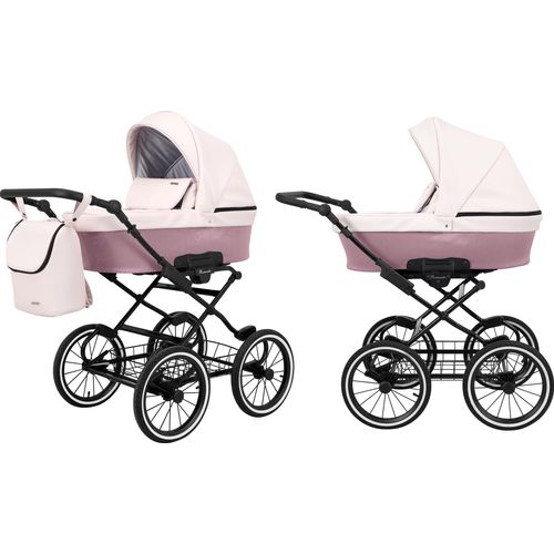 Kinderwagen ROMANTIC Babywagen Babyschale Kinder Wagen Set 1 in 1 (rosa eco, Rahmenfarbe: schwarz Rahmen)