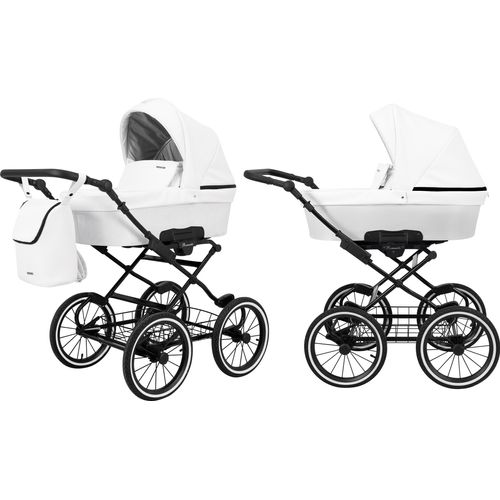 Kinderwagen ROMANTIC Babywagen Babyschale Kinder Wagen Set 1 in 1 (weiß eco, Rahmenfarbe: schwarz Rahmen)