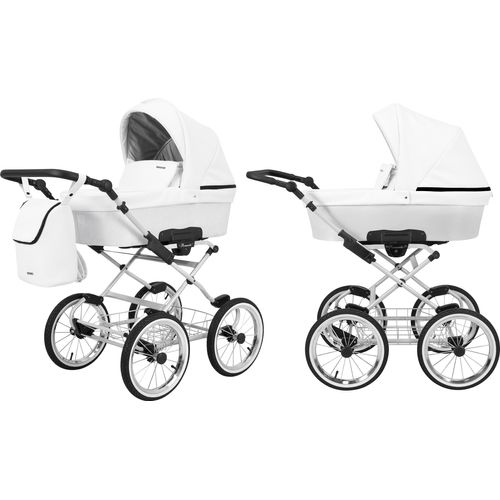 Kinderwagen ROMANTIC Babywagen Babyschale Kinder Wagen Set 1 in 1 (weiß eco, Rahmenfarbe: grauer Rahmen)