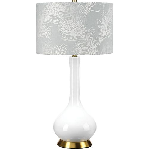 Nachttischlampe Keramik Stoff E27 69 cm in Weiß Hellgrau Messing Antik rund Retro Tischleuchte