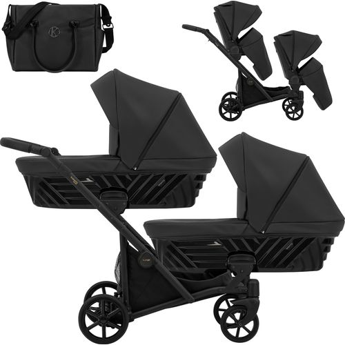 Kinderwagen IVENTO DUO 2 in 1 Komplettset Zwillingskinderwagen Geschwisterwagen Zwillingsbuggy Doppelkinderwagen (Black Pearl, Rahmenfarbe: schwarz)