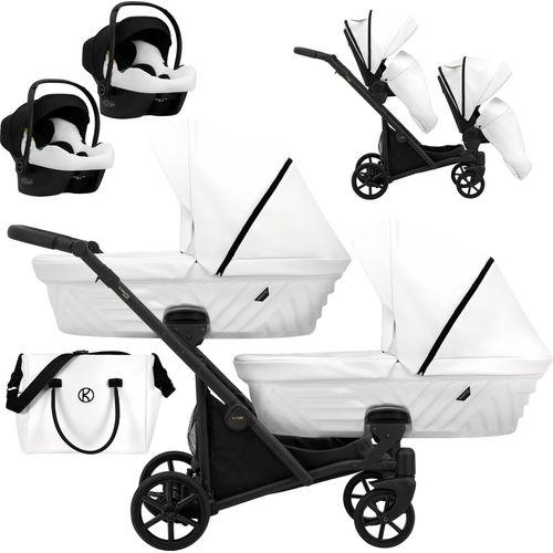 Kinderwagen IVENTO DUO 3 in 1 Komplettset Zwillingskinderwagen Geschwisterwagen Zwillingsbuggy Doppelkinderwagen (White Pearl, Rahmenfarbe: schwarz)
