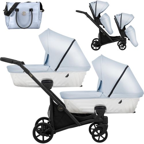 Kinderwagen IVENTO DUO 2 in 1 Komplettset Zwillingskinderwagen Geschwisterwagen Zwillingsbuggy Doppelkinderwagen (Baby Blue Met, Rahmenfarbe: schwarz)