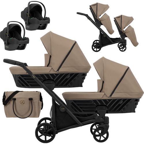 Kinderwagen IVENTO DUO 3 in 1 Komplettset Zwillingskinderwagen Geschwisterwagen Zwillingsbuggy Doppelkinderwagen (Caramel, Rahmenfarbe: schwarz)