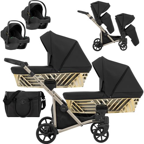 Kinderwagen IVENTO DUO GLAM 3 in 1 Zwillingskinderwagen Geschwisterwagen Zwillingsbuggy Doppelkinderwagen (Eco Black Pearl, Rahmen: champagne)