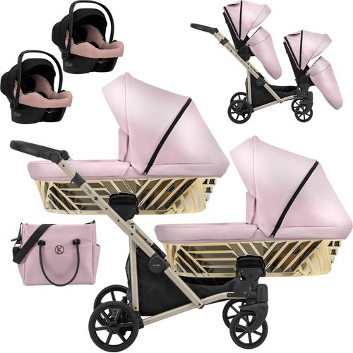 Kinderwagen IVENTO DUO GLAM 3 in 1 Zwillingskinderwagen Geschwisterwagen Zwillingsbuggy Doppelkinderwagen (Eco Pink Metalic, Rahmen: champagne)