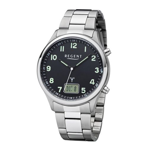 Funkuhr REGENT, edelstahlfarben, Armbanduhren, Herren, Quarzuhr, Armbanduhr, Herrenuhr, Edelstahlarmband, analog, digital