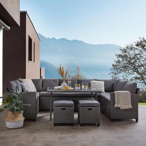 Ambia Garden Dining-Loungeset , Grau, Schwarz , Metall, Kunststoff, Glas, Textil , 6-teilig , Füllung: Schaumstoff , 294x165 cm , Loungemöbel,