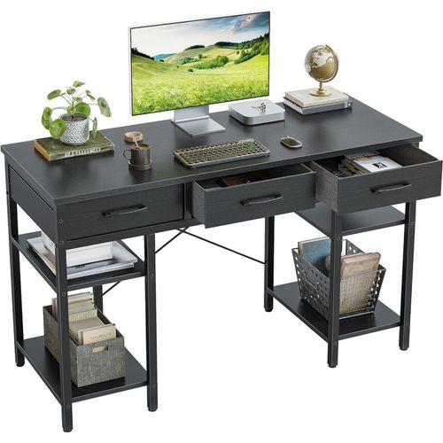 Computertisch 120x50 cm Schwarz mit Stoffschubladen, Ablageflächen