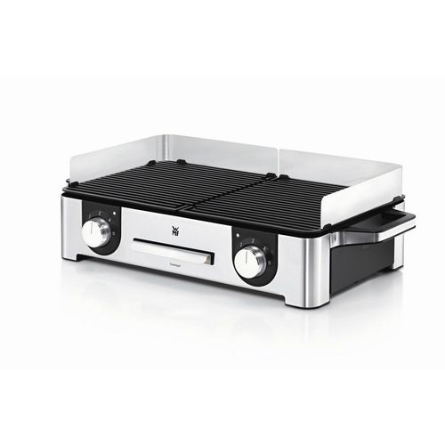 WMF Tischgrill , Schwarz, Silber , Metall , 28x18x50 cm , herausnehmbare Fettauffangschale, Warmhalteplatte, antihaftbeschichtet, Windschutz ,