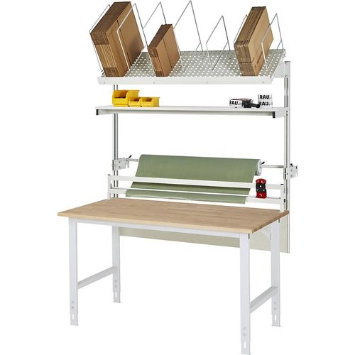 RAU Packtisch komplett, manuell höhenverstellbar, Set 2 mit Etagenbord, Schneidgerät, Abrolleinheit, BxT 2000 x 800 mm, Buchenplatte Image