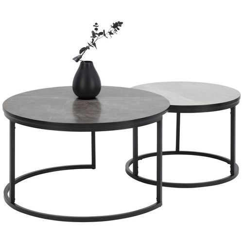 Couchtischset , Hellgrau, Dunkelgrau , Metall, Holzwerkstoff , 2-teilig , rund , rund , 60-80x42-45x60-80 cm , Wohnzimmer, Wohnzimmertische, Couchtische, Couchtische Metall